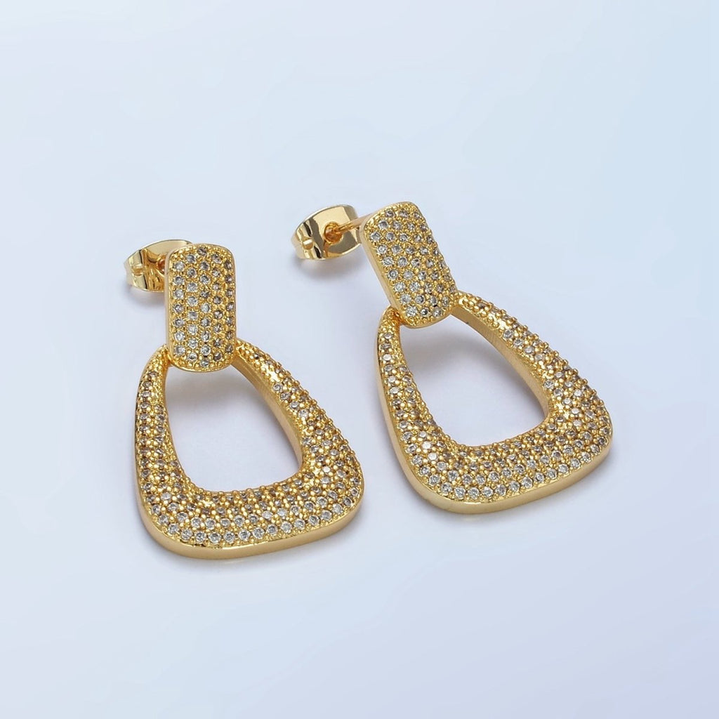 14K Gold plated Open U Shaped Micro Paved CZ Rectangular Drop Stud Earrings in Gold & Silver | AE425 AE426