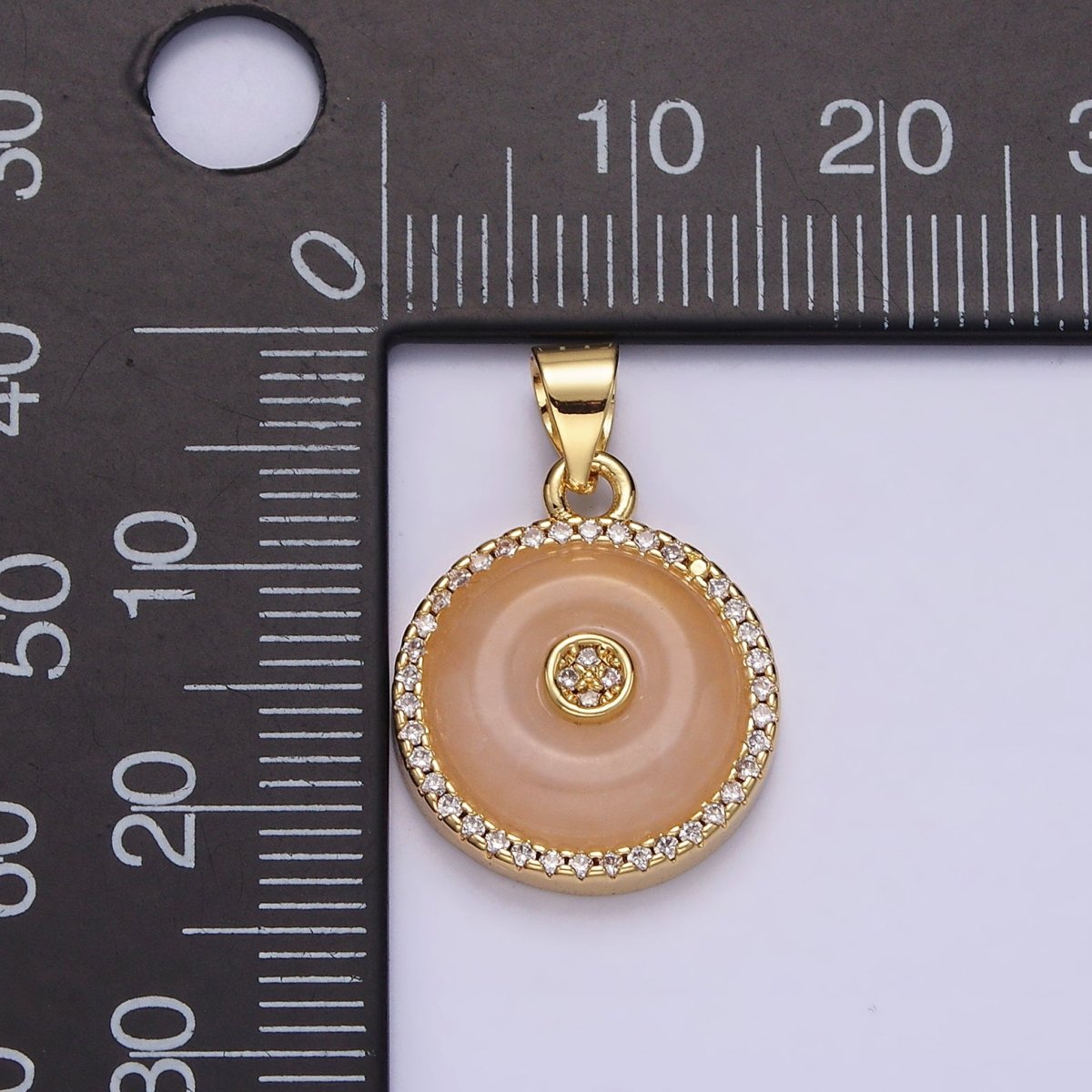 14K Gold plated Orange Cat's Eye, White Howlite Donut Natural Gemstone Micro Paved CZ Round Pendant | AA662 AA663