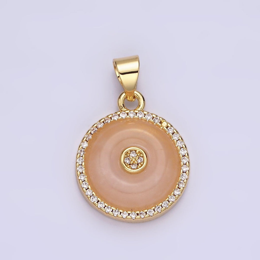 14K Gold plated Orange Cat's Eye, White Howlite Donut Natural Gemstone Micro Paved CZ Round Pendant | AA662 AA663