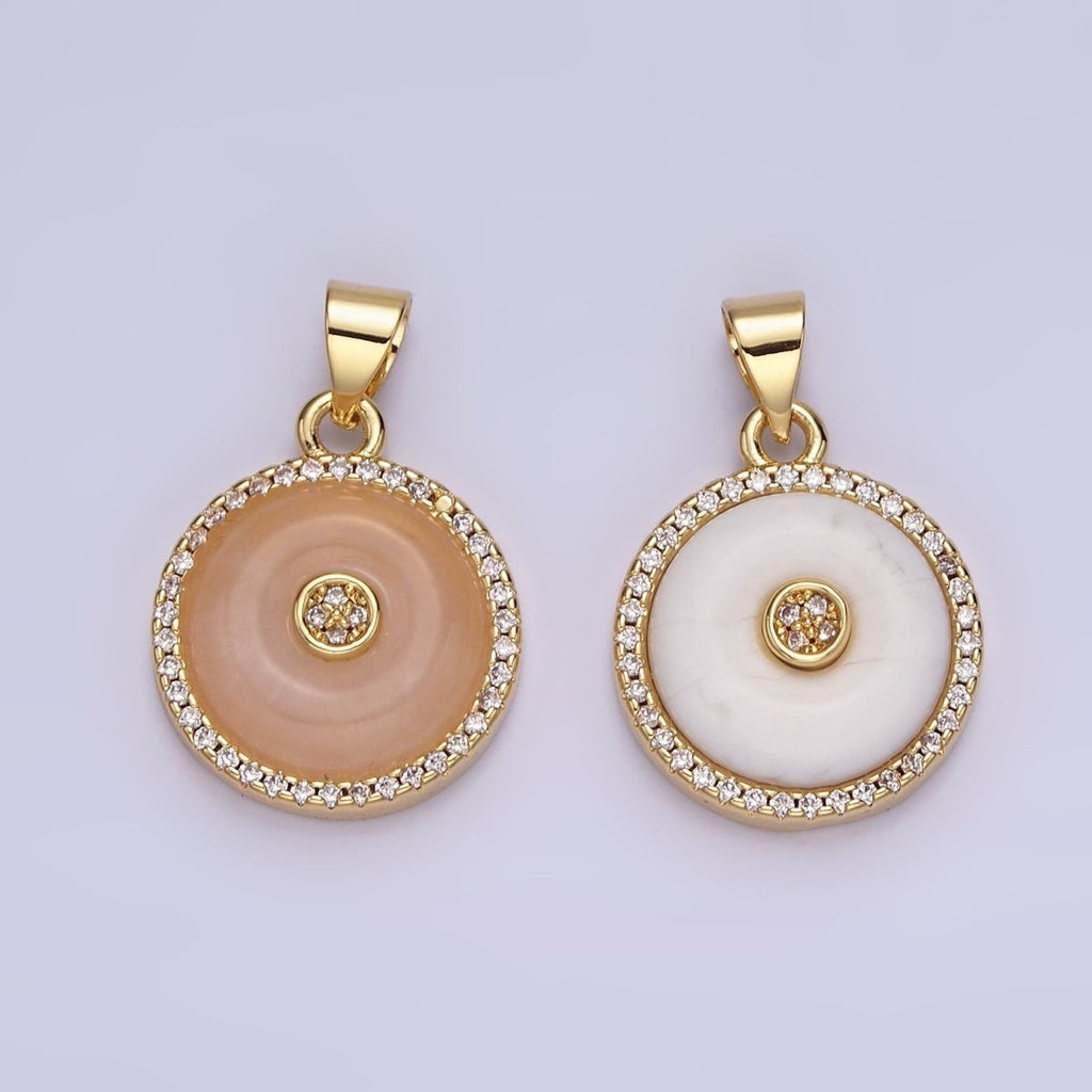 14K Gold plated Orange Cat's Eye, White Howlite Donut Natural Gemstone Micro Paved CZ Round Pendant | AA662 AA663