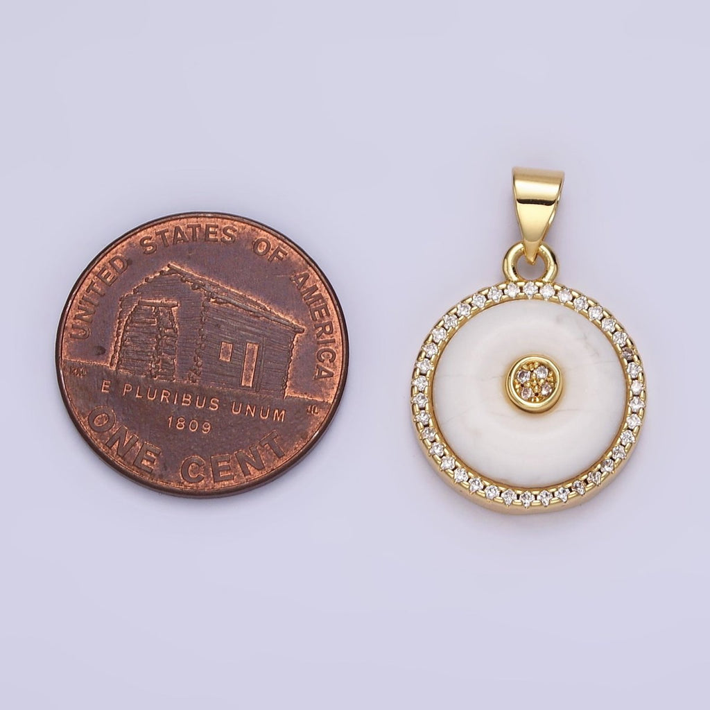 14K Gold plated Orange Cat's Eye, White Howlite Donut Natural Gemstone Micro Paved CZ Round Pendant | AA662 AA663