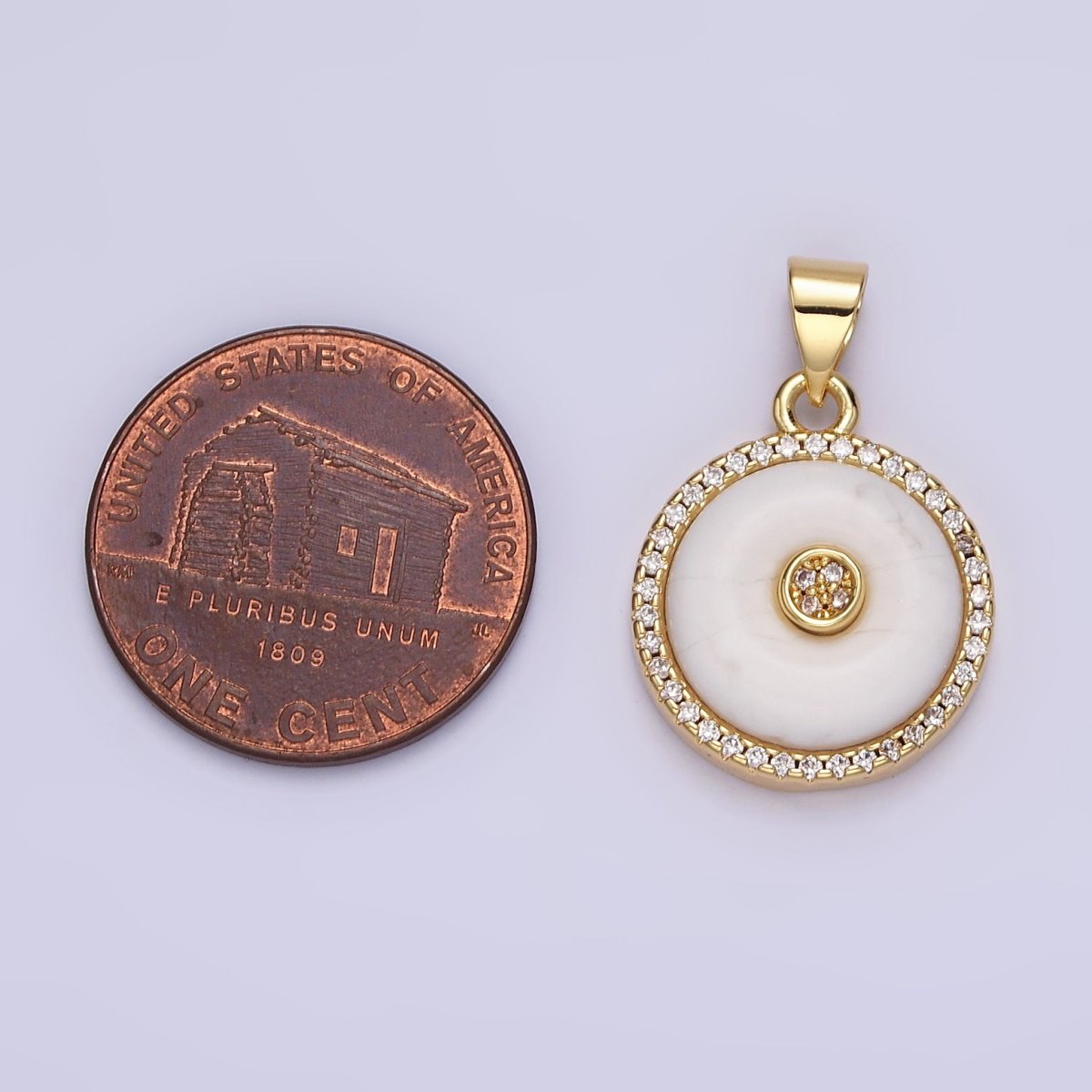 14K Gold plated Orange Cat's Eye, White Howlite Donut Natural Gemstone Micro Paved CZ Round Pendant | AA662 AA663