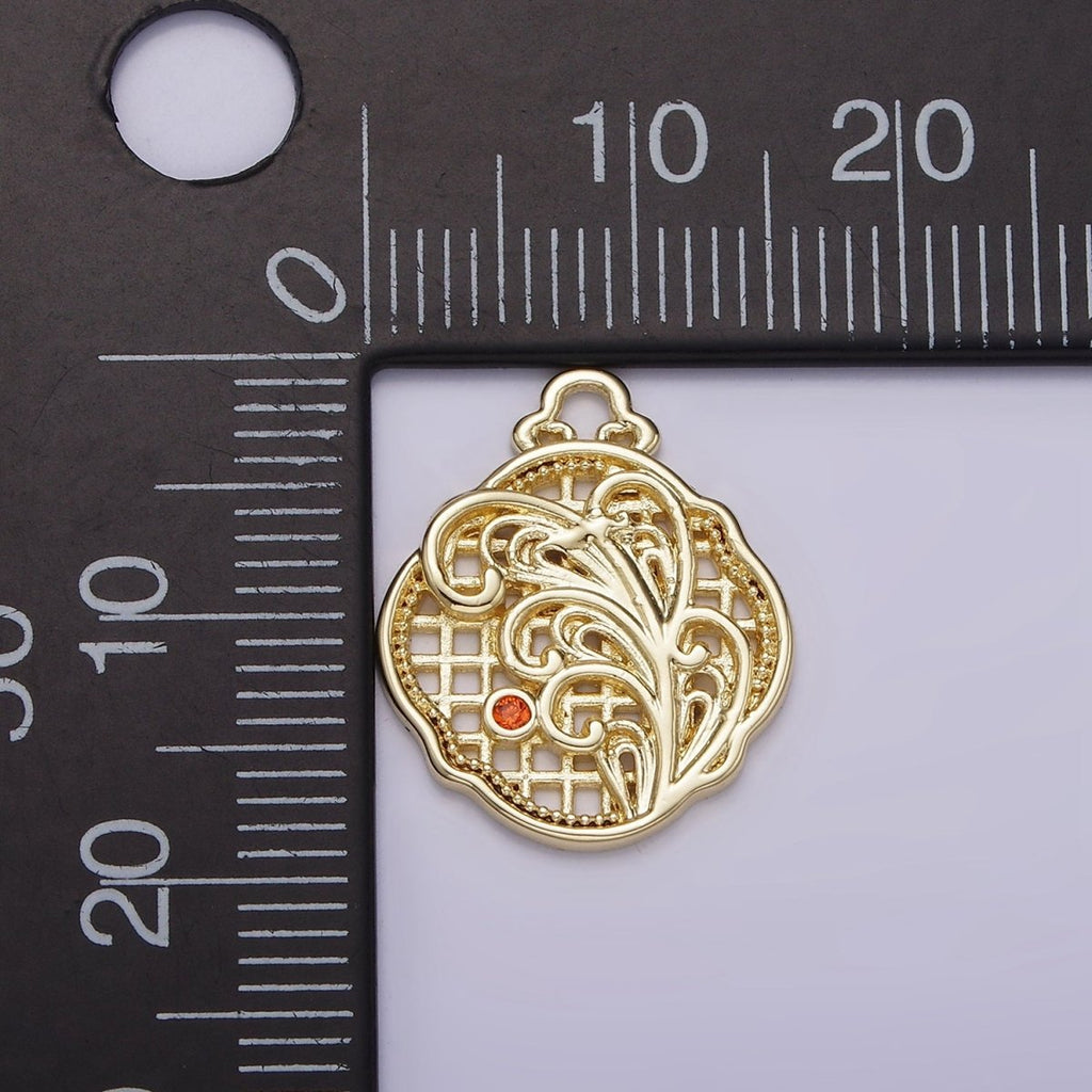 14K Gold plated Orange CZ Long Grass Leaf Plant Nature Bar Geometric Charm | AG188 - DLUXCA