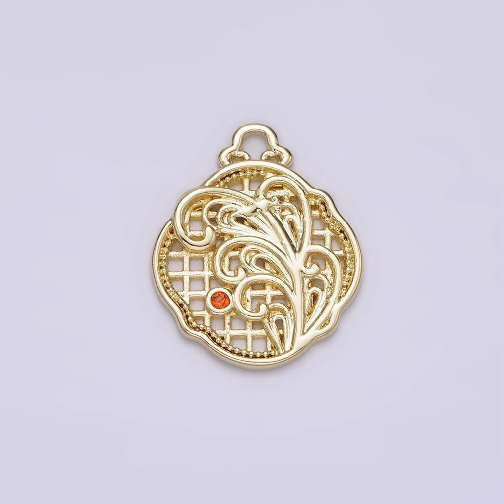 14K Gold plated Orange CZ Long Grass Leaf Plant Nature Bar Geometric Charm | AG188 - DLUXCA