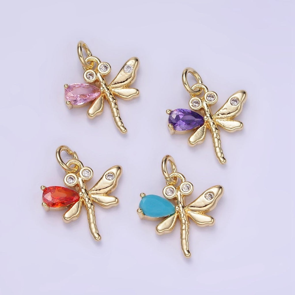14K Gold plated Orange, Purple, Pink, Turquoise CZ Dragonfly Insect Charm | W540 W541