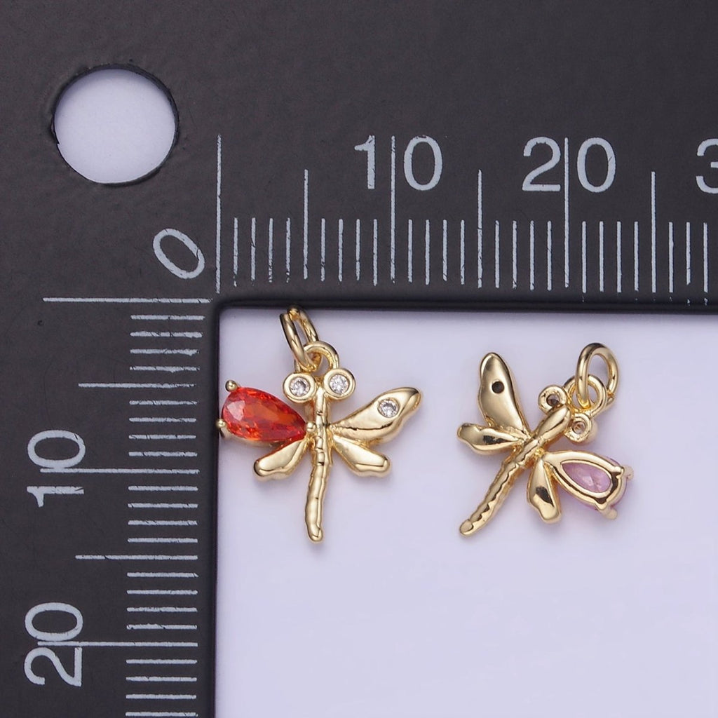 14K Gold plated Orange, Purple, Pink, Turquoise CZ Dragonfly Insect Charm | W540 W541