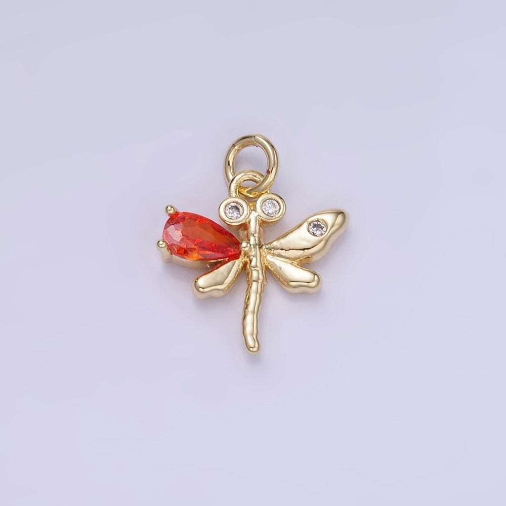 14K Gold plated Orange, Purple, Pink, Turquoise CZ Dragonfly Insect Charm | W540 W541