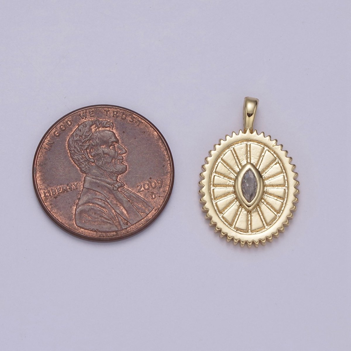 14K Gold plated Oval Charm Sunburst With Clear Eye Cz Centerpiece for Minimalist Jewelry Making N-610 - DLUXCA