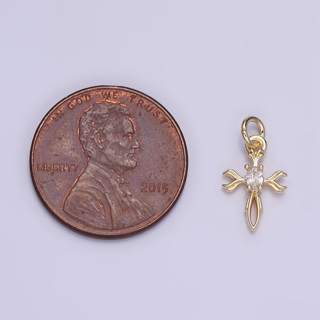 14K Gold plated Oval CZ Curved Open Cross Charm | W530 - DLUXCA