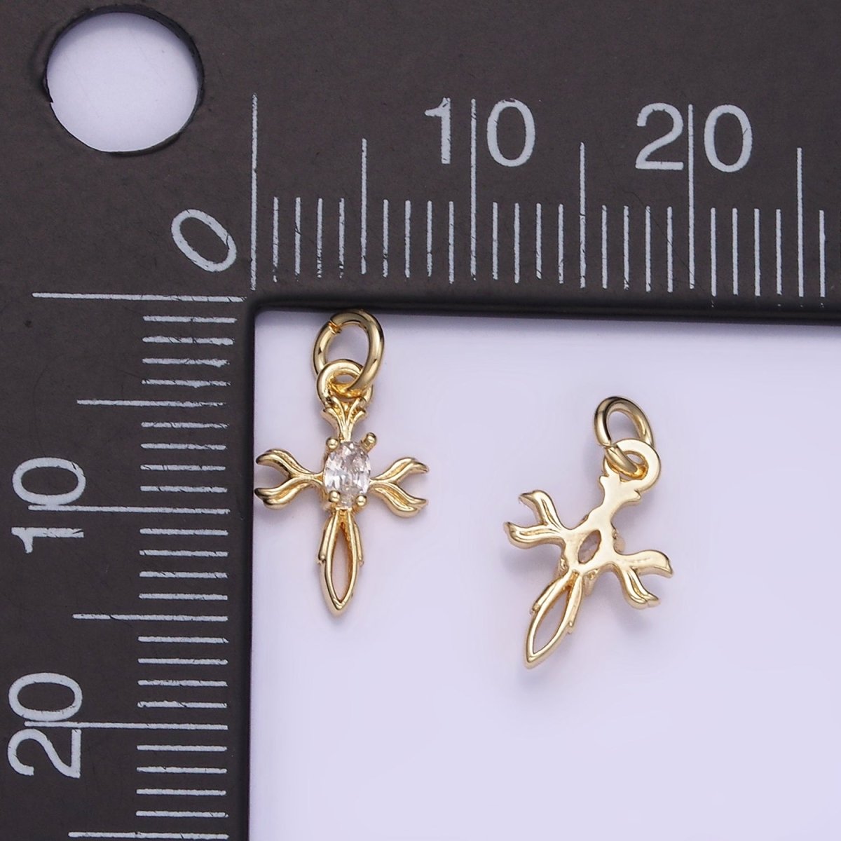 14K Gold plated Oval CZ Curved Open Cross Charm | W530 - DLUXCA