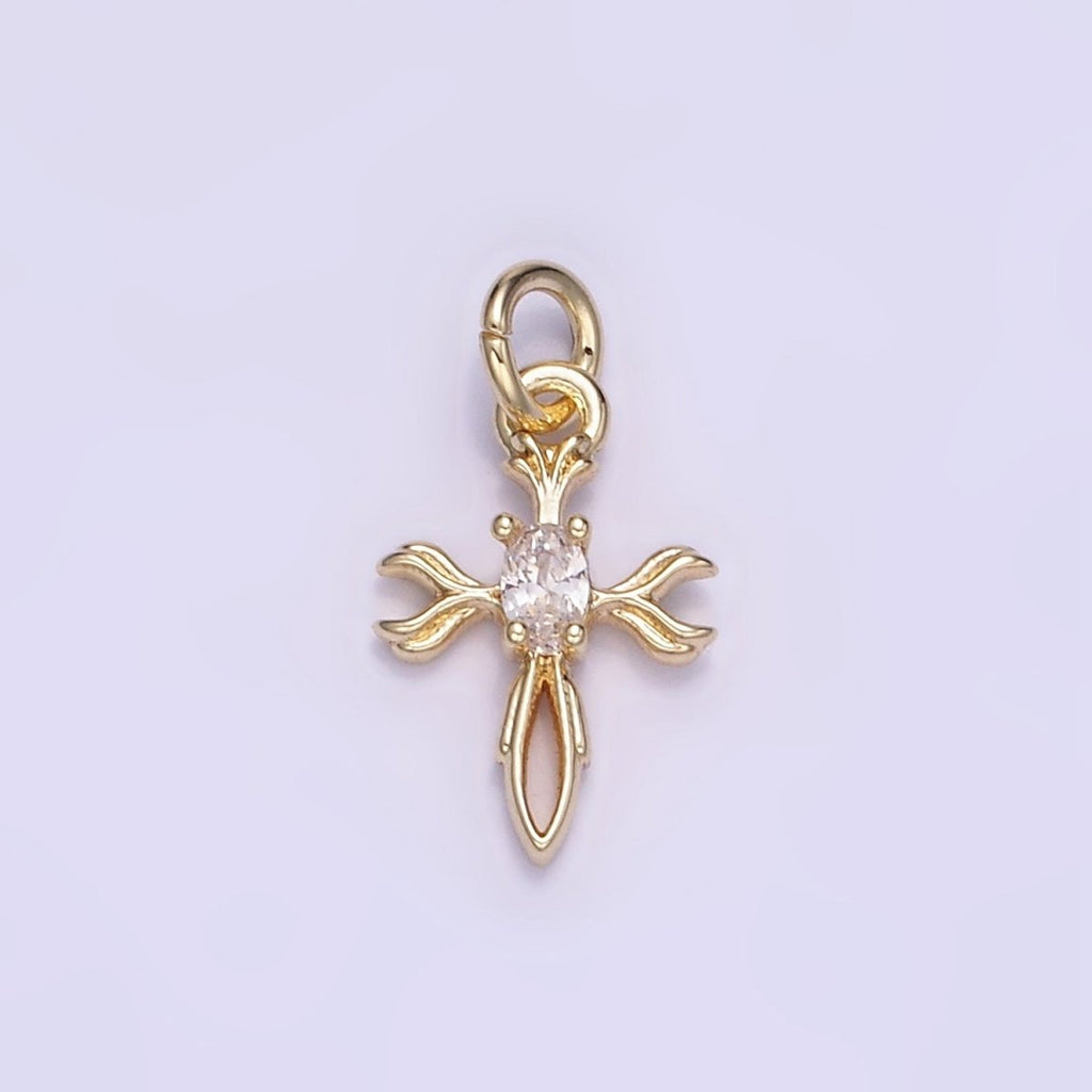14K Gold plated Oval CZ Curved Open Cross Charm | W530 - DLUXCA
