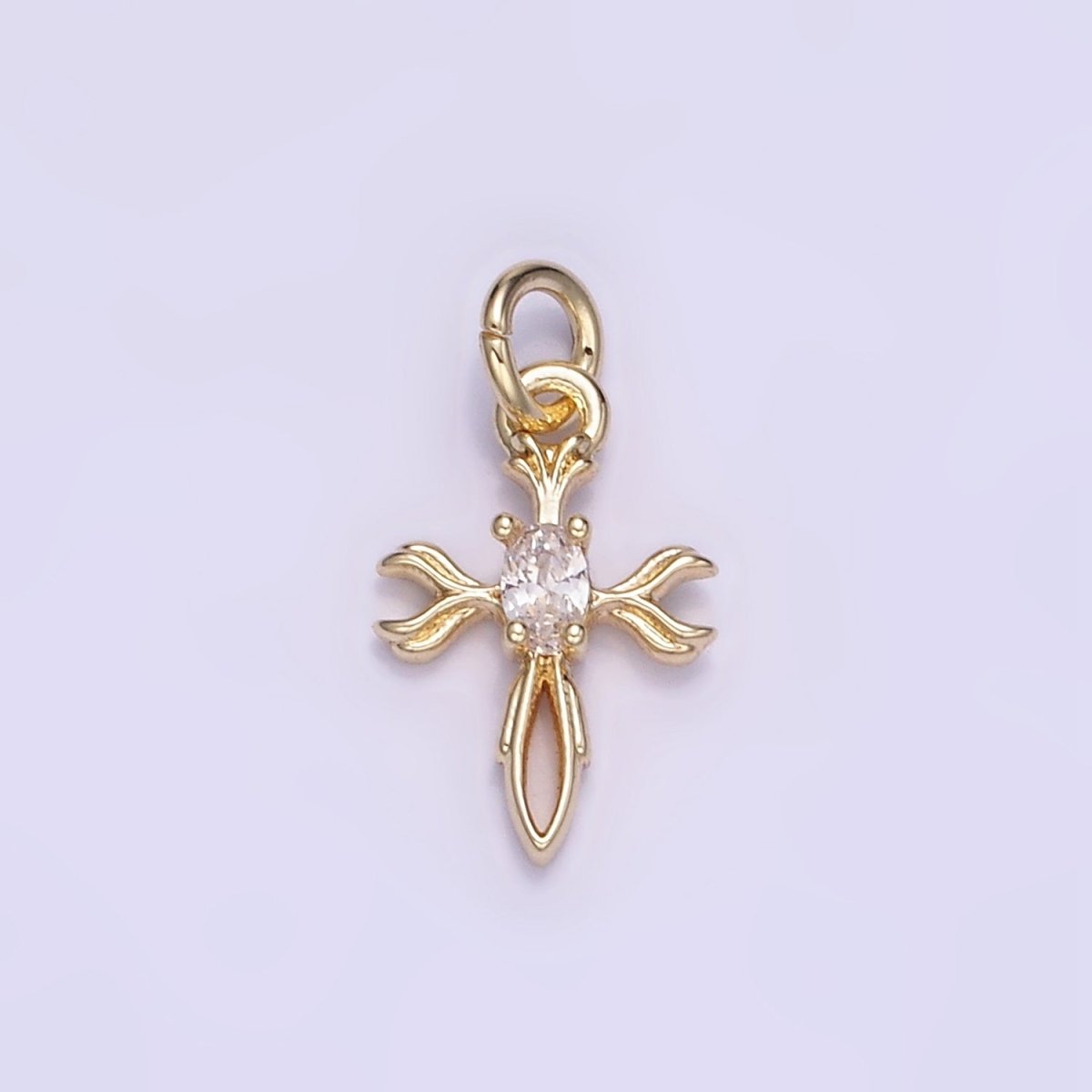 14K Gold plated Oval CZ Curved Open Cross Charm | W530 - DLUXCA