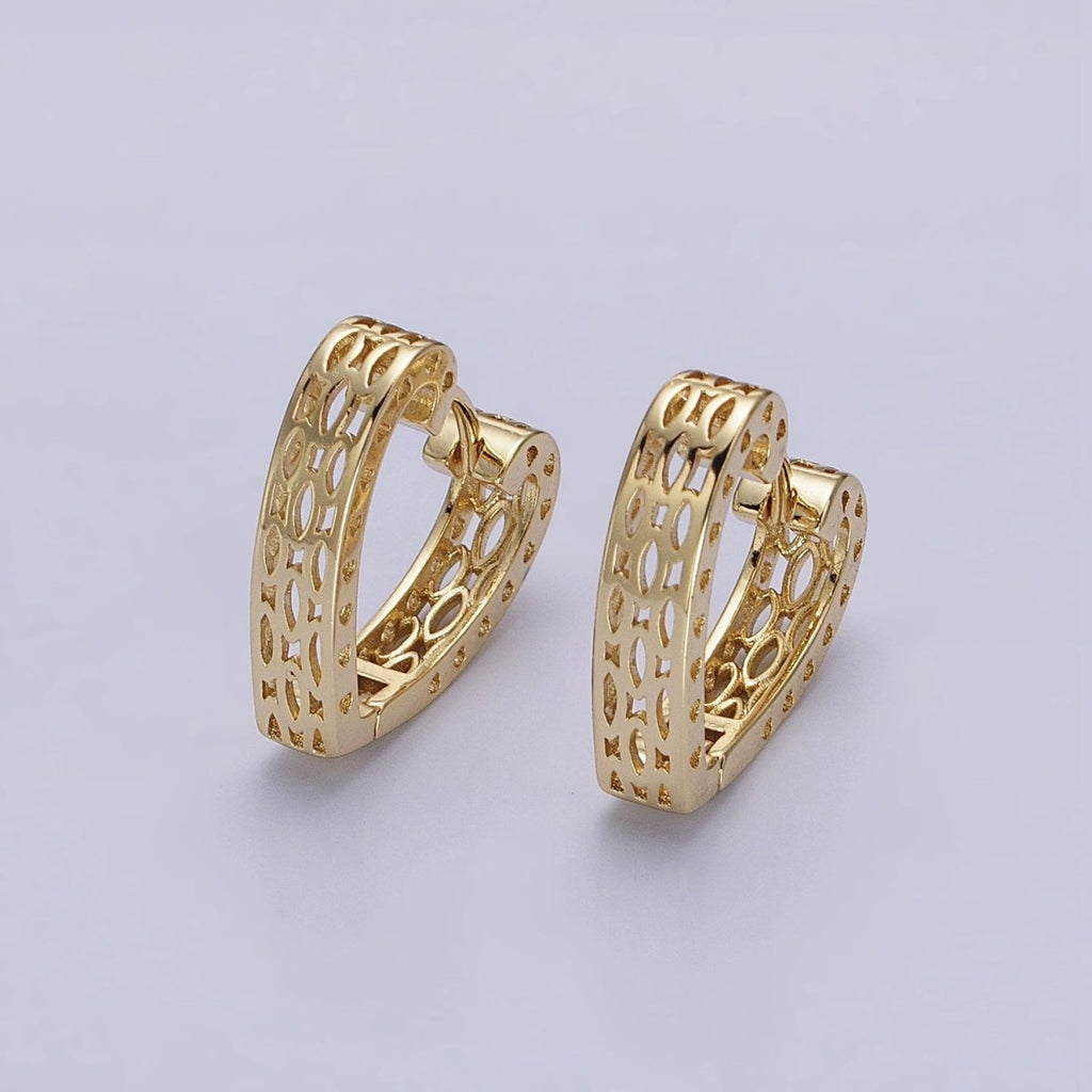 14K Gold plated Oval Filigree Heart Geometric Huggie Earrings | AB1532 - DLUXCA