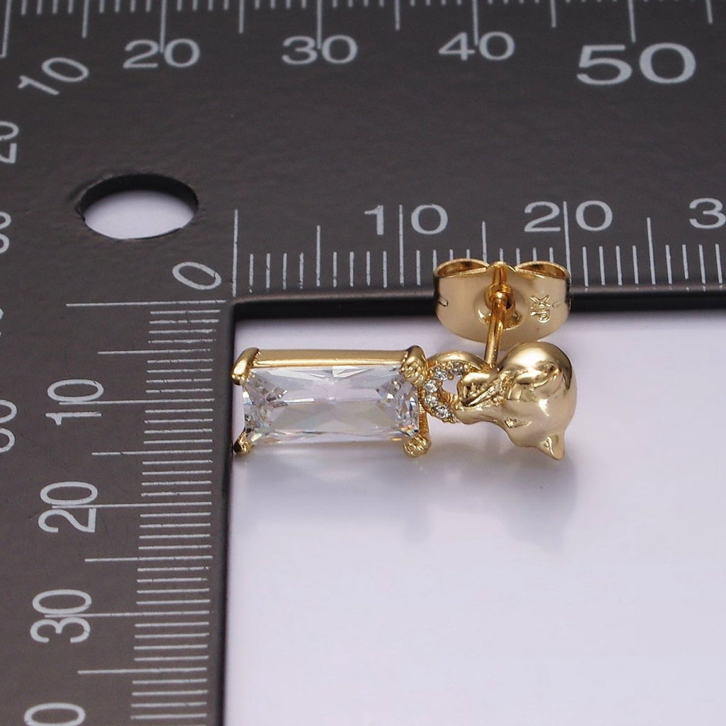 14K Gold plated Panther Head Open Round Link Baguette CZ Drop Stud Earrings | AE1136 - DLUXCA