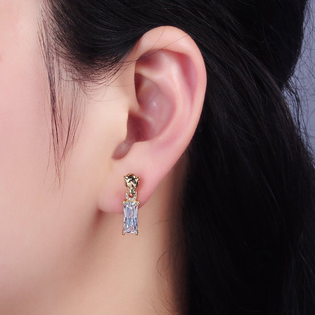 14K Gold plated Panther Head Open Round Link Baguette CZ Drop Stud Earrings | AE1136 - DLUXCA