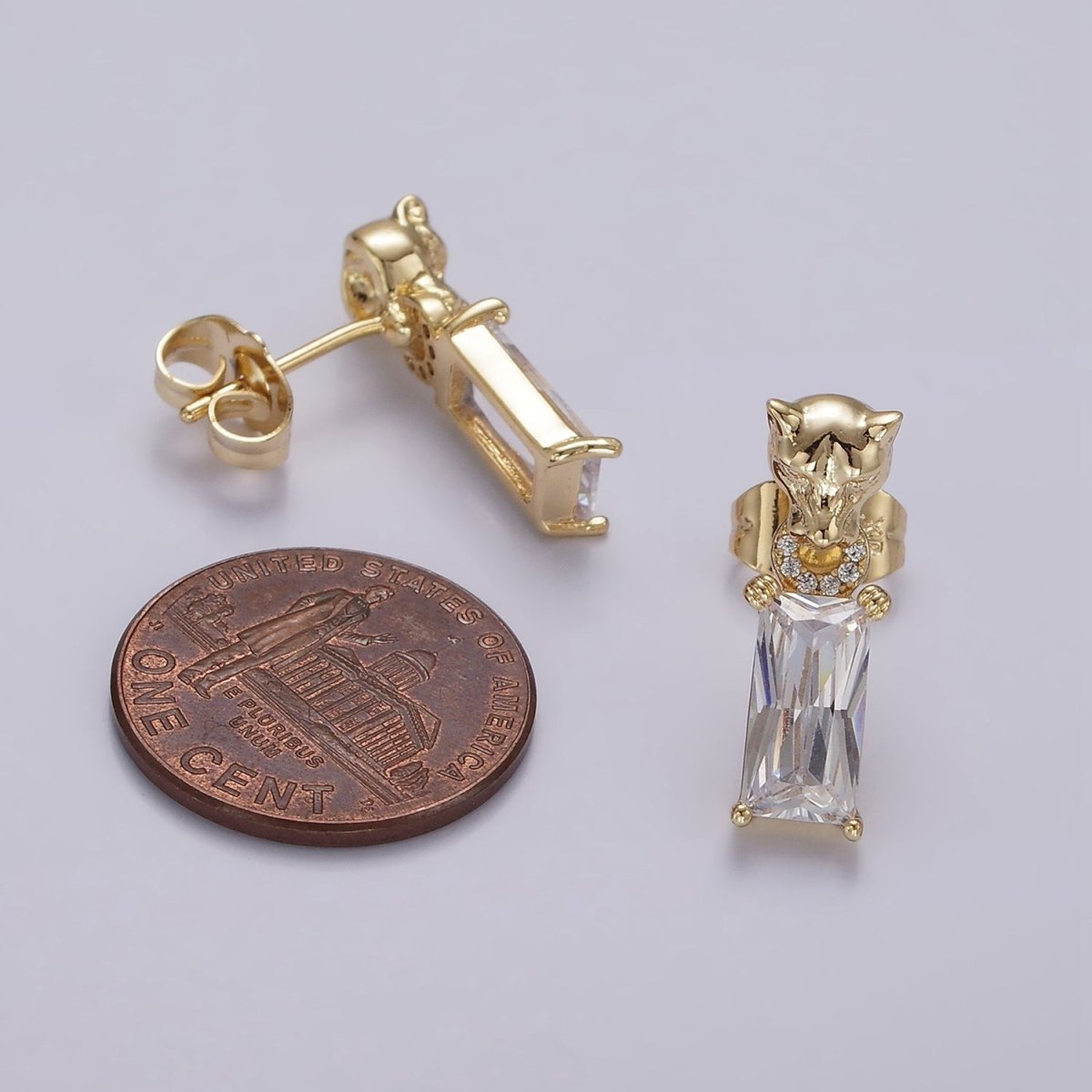 14K Gold plated Panther Head Open Round Link Baguette CZ Drop Stud Earrings | AE1136 - DLUXCA