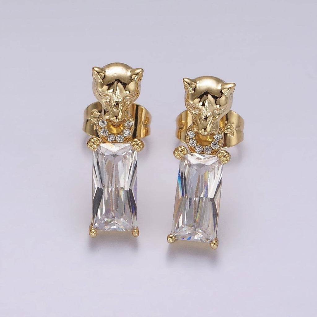 14K Gold plated Panther Head Open Round Link Baguette CZ Drop Stud Earrings | AE1136 - DLUXCA