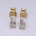 14K Gold plated Panther Head Open Round Link Baguette CZ Drop Stud Earrings | AE1136 - DLUXCA