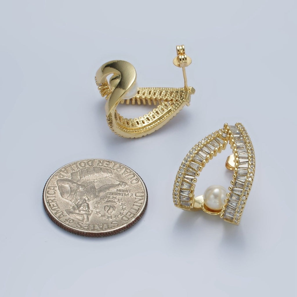 14K Gold plated Pearl Baguette Micro Paved CZ Open Teardrop J-Shaped Hoop Earrings | AE419 - DLUXCA