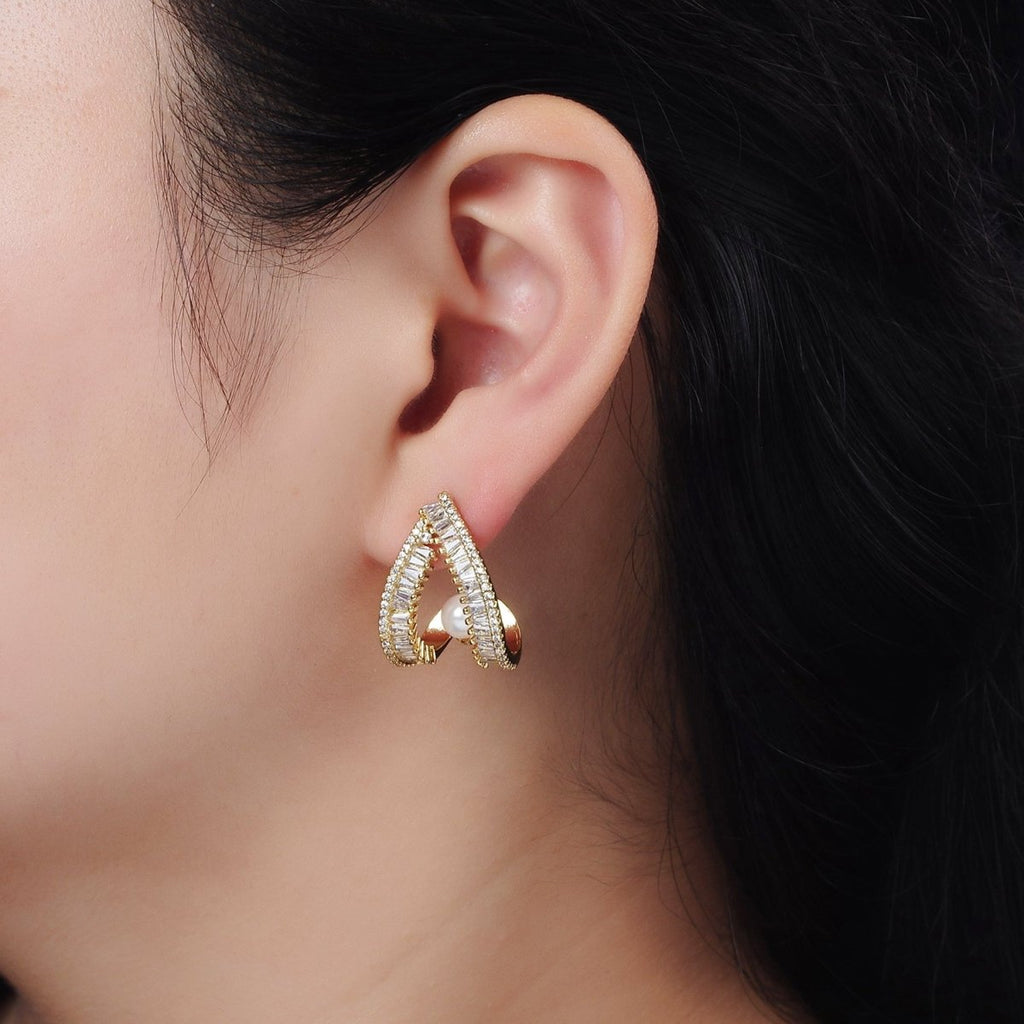 14K Gold plated Pearl Baguette Micro Paved CZ Open Teardrop J-Shaped Hoop Earrings | AE419 - DLUXCA