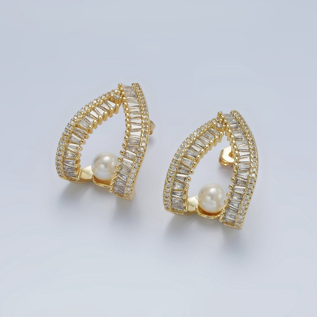14K Gold plated Pearl Baguette Micro Paved CZ Open Teardrop J-Shaped Hoop Earrings | AE419 - DLUXCA