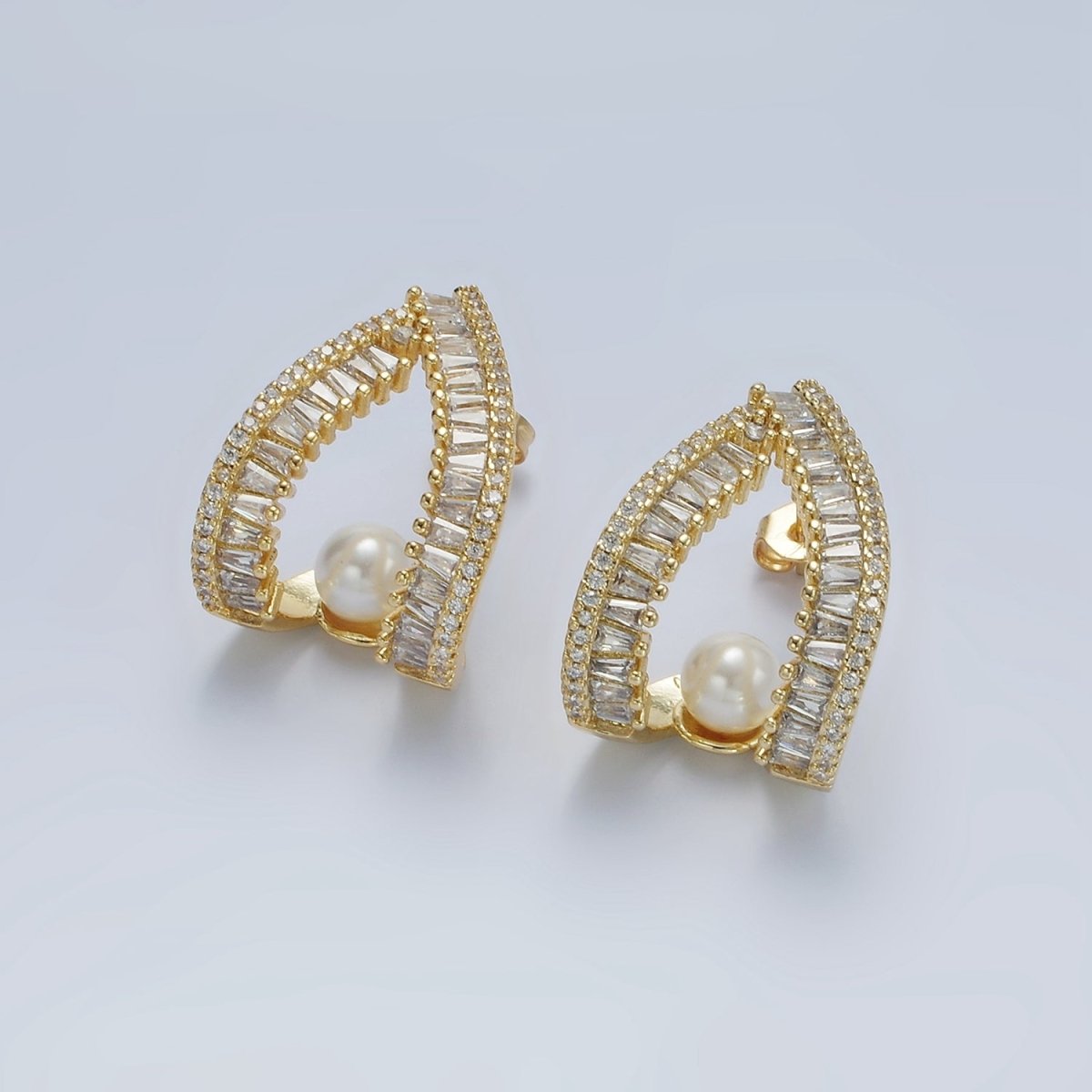 14K Gold plated Pearl Baguette Micro Paved CZ Open Teardrop J-Shaped Hoop Earrings | AE419 - DLUXCA