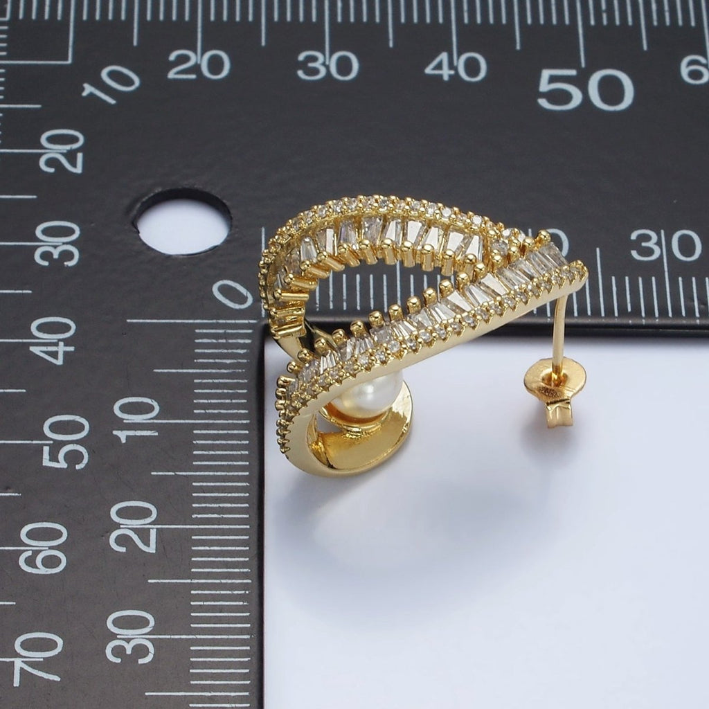 14K Gold plated Pearl Baguette Micro Paved CZ Open Teardrop J-Shaped Hoop Earrings | AE419 - DLUXCA