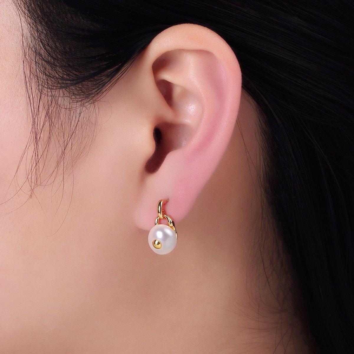 14K Gold plated Pearl Button Padlock Stud Drop Earrings | V521 - DLUXCA