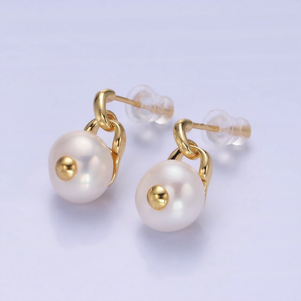 14K Gold plated Pearl Button Padlock Stud Drop Earrings | V521 - DLUXCA