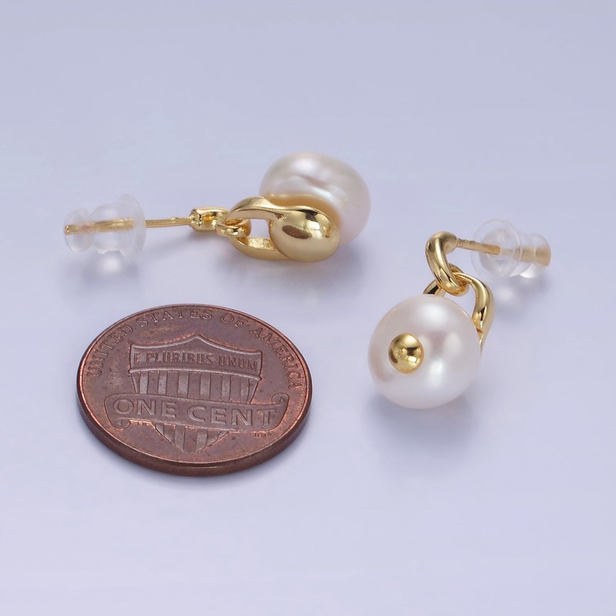 14K Gold plated Pearl Button Padlock Stud Drop Earrings | V521 - DLUXCA