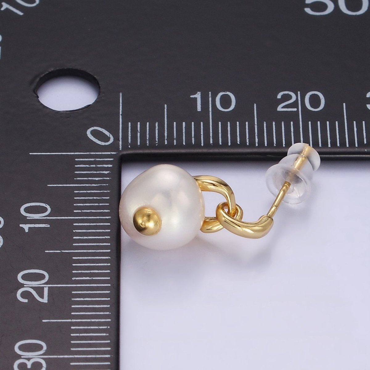 14K Gold plated Pearl Button Padlock Stud Drop Earrings | V521 - DLUXCA