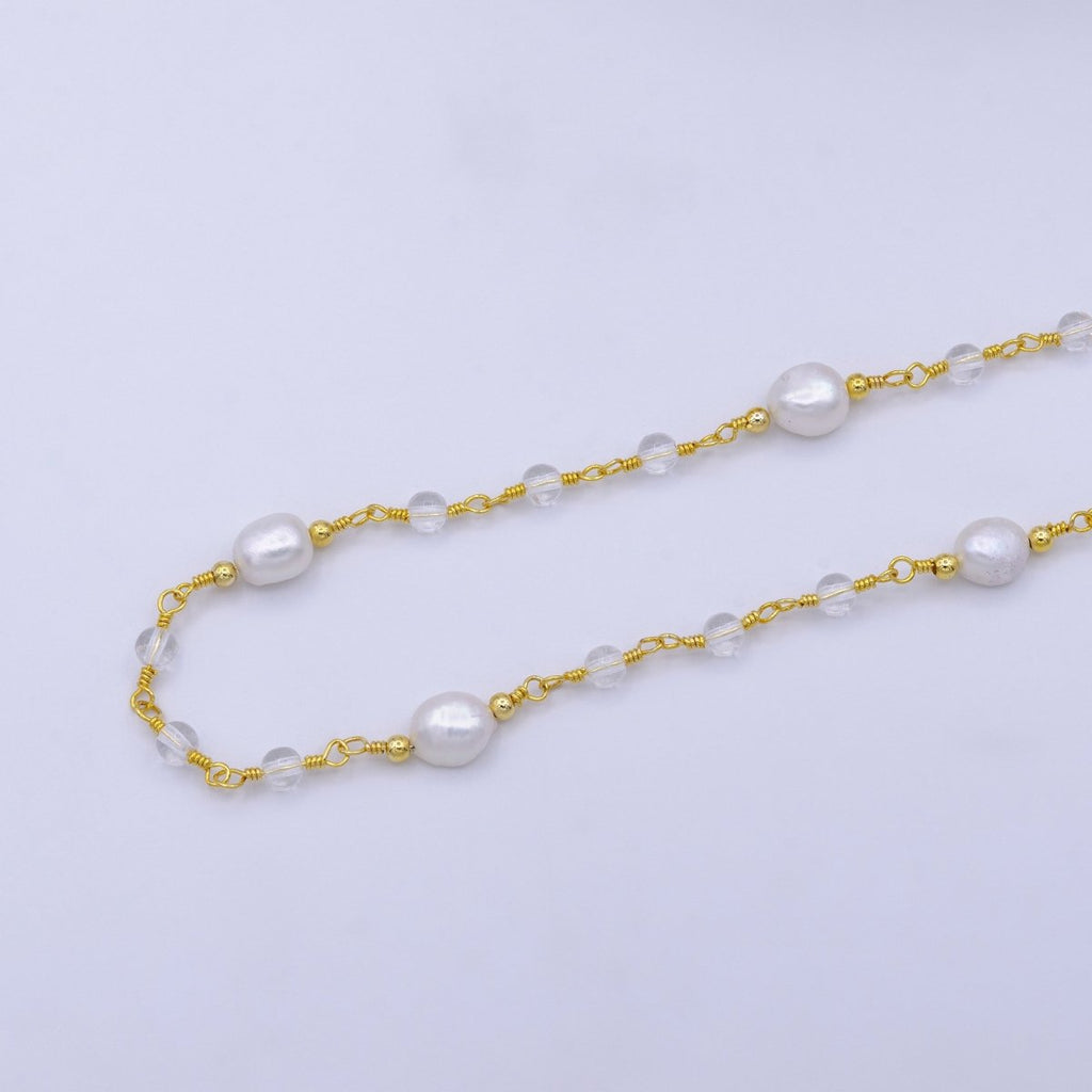 14K Gold plated Pearl Chain, White Freshwater Pearl Rosary Chain, Bulk Chain Clear Quartz Beads Beaded Unfinished Chain by Yard | ROLL-1214 Clearance Pricing - DLUXCA