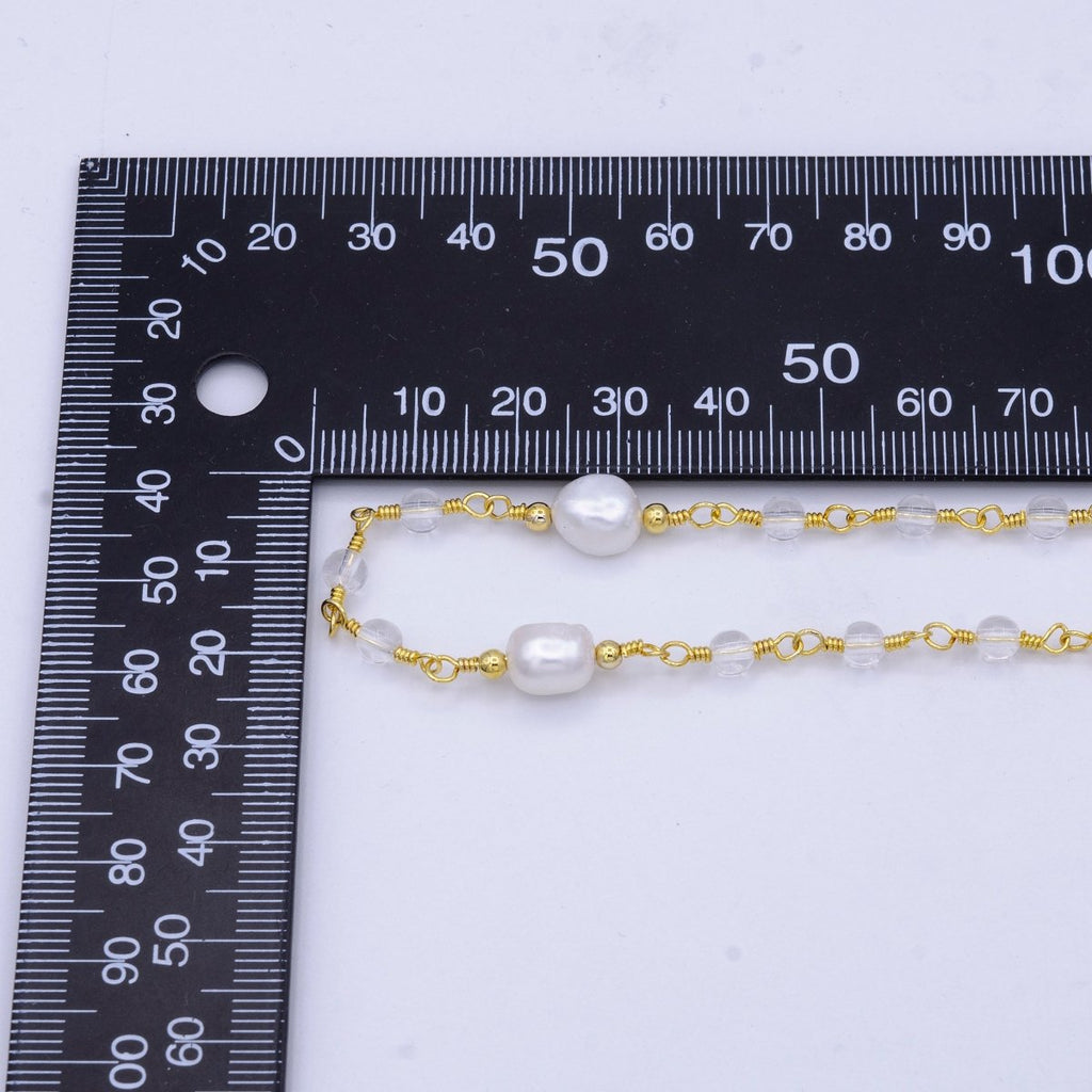 14K Gold plated Pearl Chain, White Freshwater Pearl Rosary Chain, Bulk Chain Clear Quartz Beads Beaded Unfinished Chain by Yard | ROLL-1214 Clearance Pricing - DLUXCA