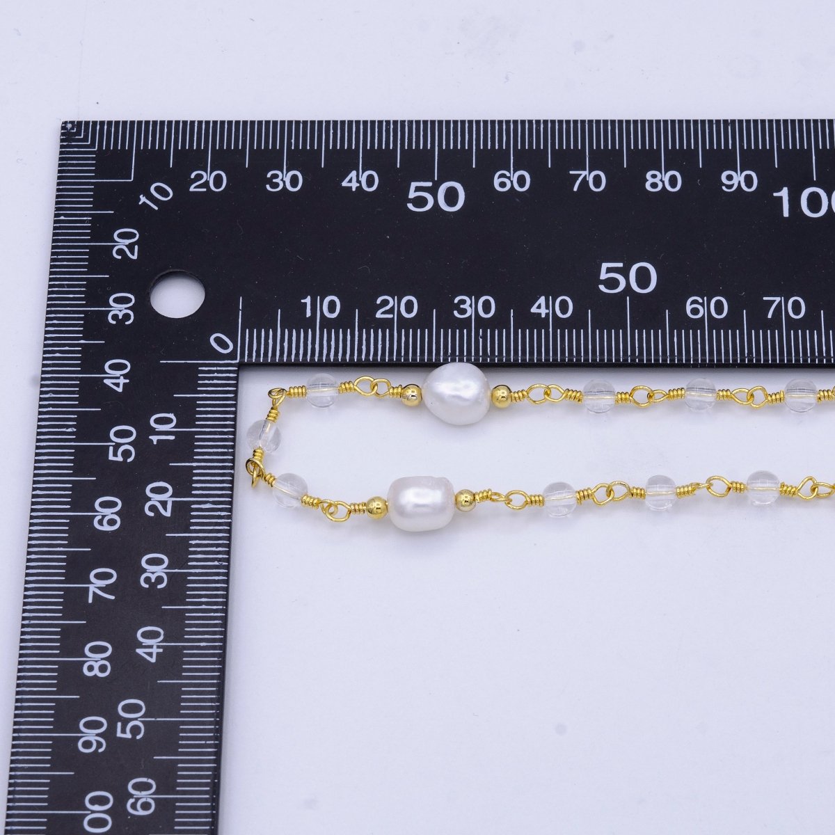14K Gold plated Pearl Chain, White Freshwater Pearl Rosary Chain, Bulk Chain Clear Quartz Beads Beaded Unfinished Chain by Yard | ROLL-1214 Clearance Pricing - DLUXCA