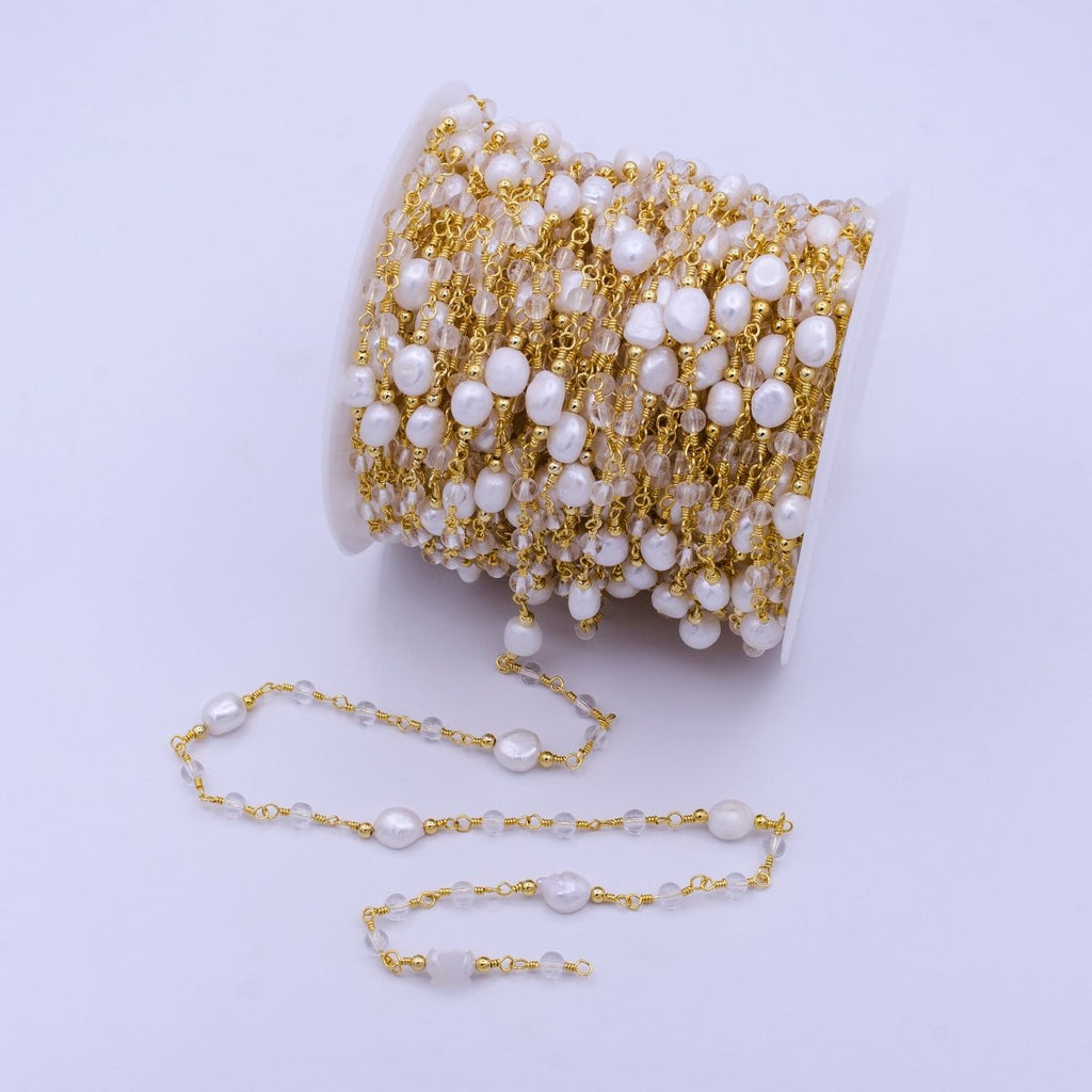 14K Gold plated Pearl Chain, White Freshwater Pearl Rosary Chain, Bulk Chain Clear Quartz Beads Beaded Unfinished Chain by Yard | ROLL-1214 Clearance Pricing - DLUXCA