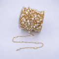 14K Gold plated Pearl Chain, White Freshwater Pearl Rosary Chain, Bulk Chain Rose Quartz Beads Beaded Unfinished Chain by Yard | ROLL-1213 Clearance Pricing - DLUXCA
