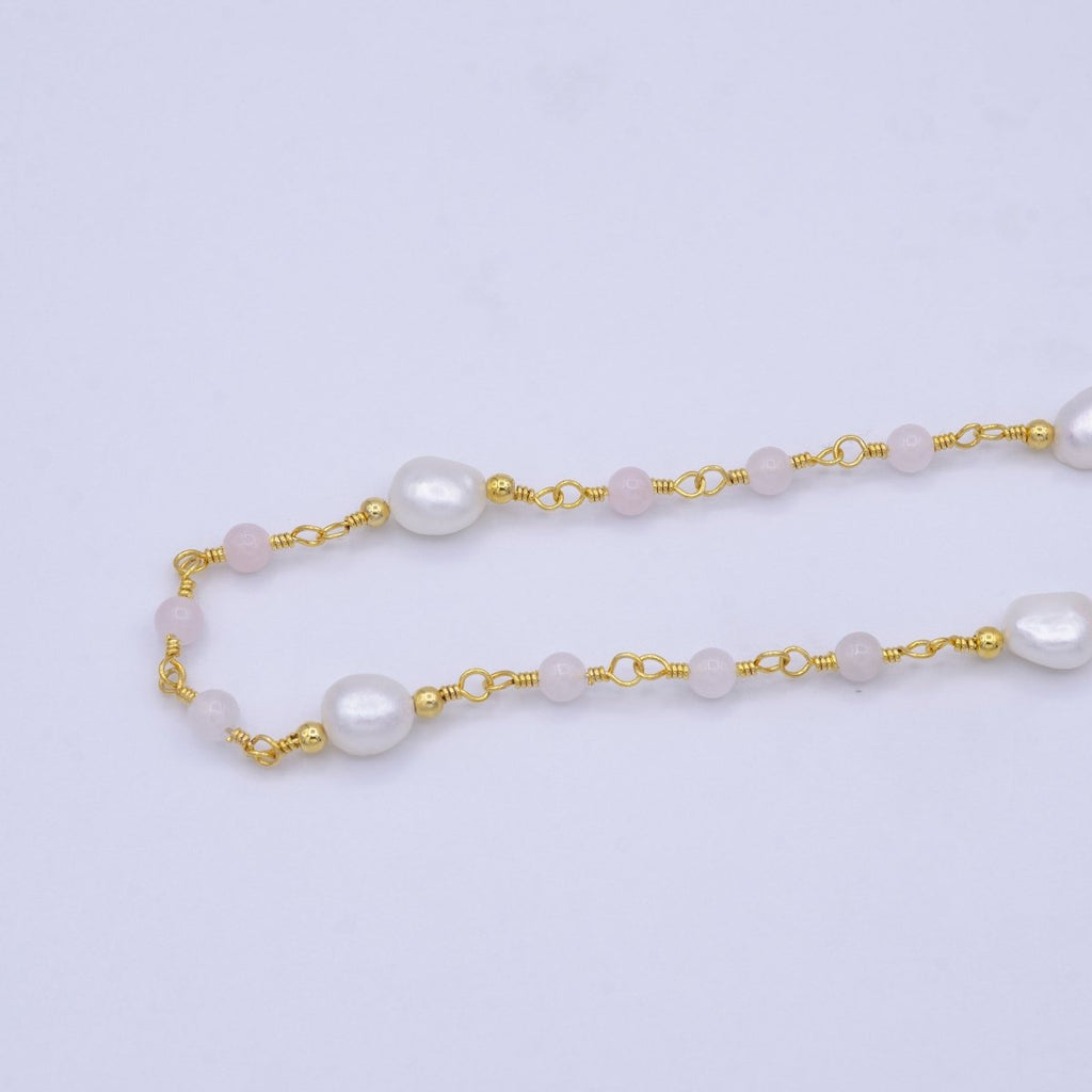 14K Gold plated Pearl Chain, White Freshwater Pearl Rosary Chain, Bulk Chain Rose Quartz Beads Beaded Unfinished Chain by Yard | ROLL-1213 Clearance Pricing - DLUXCA