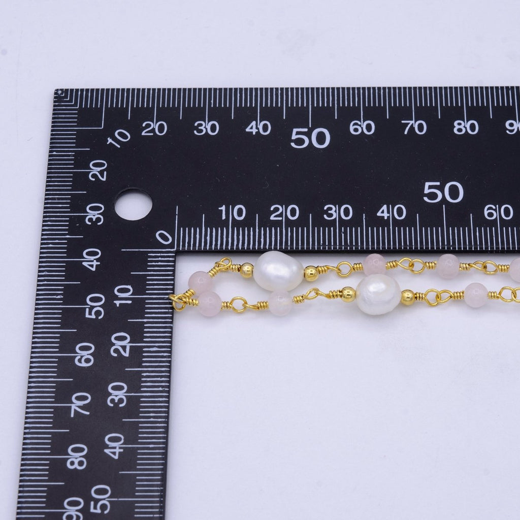 14K Gold plated Pearl Chain, White Freshwater Pearl Rosary Chain, Bulk Chain Rose Quartz Beads Beaded Unfinished Chain by Yard | ROLL-1213 Clearance Pricing - DLUXCA