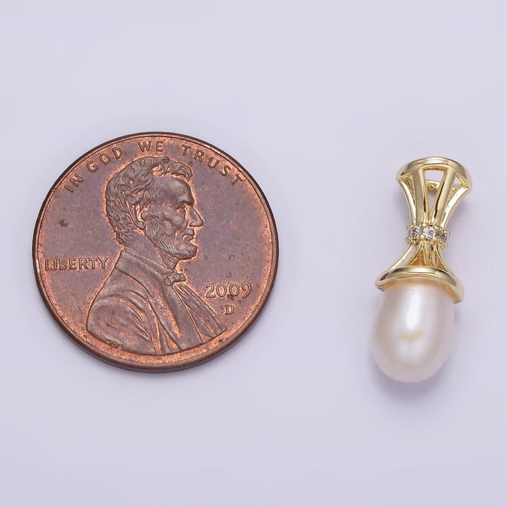 14K Gold plated Pearl Clear CZ Multiple Band Bail Pendant | N1014 - DLUXCA