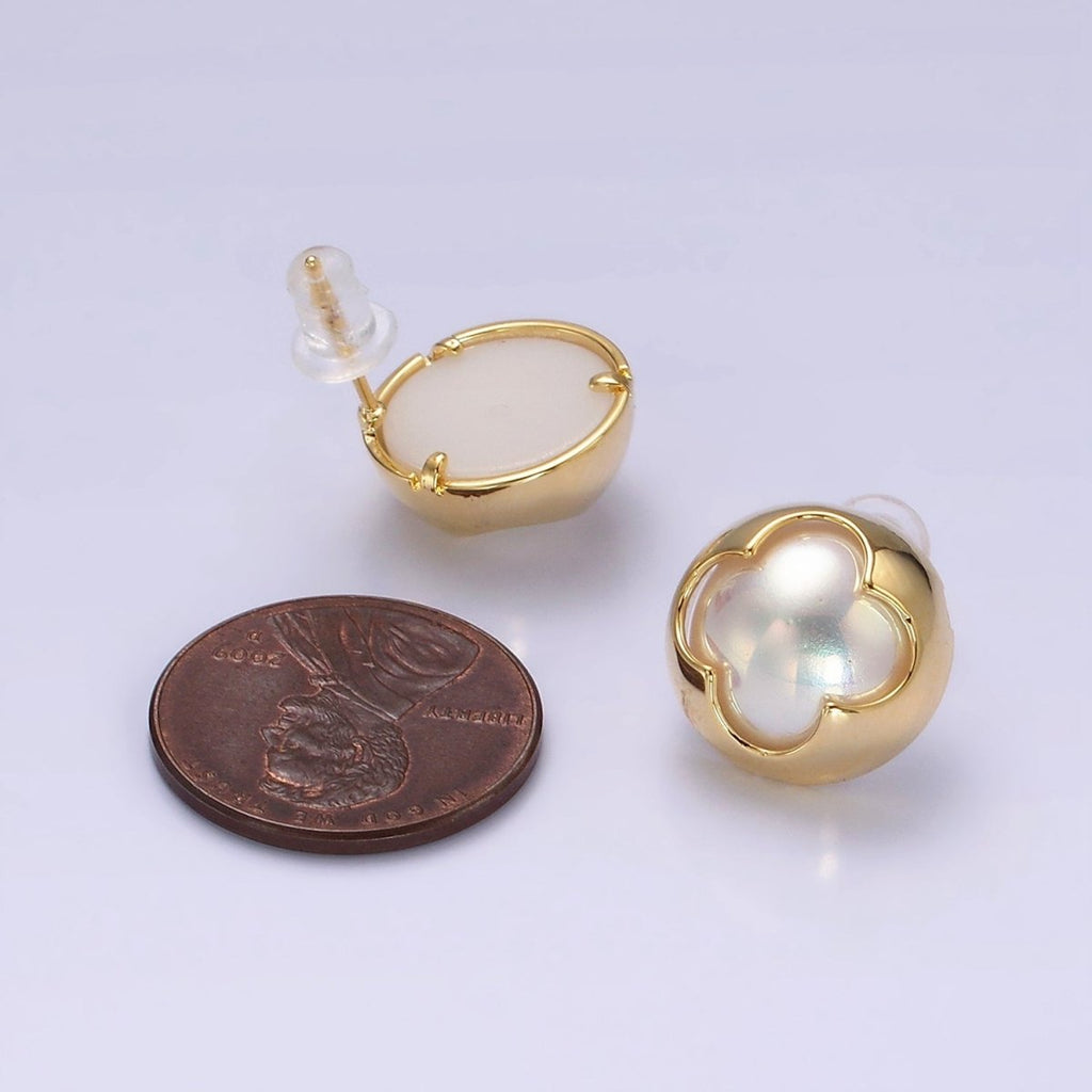 14K Gold plated Pearl Iridescent Quatrefoil Bezel Round Stud Earrings in Gold & Silver | V264