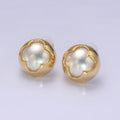 14K Gold plated Pearl Iridescent Quatrefoil Bezel Round Stud Earrings in Gold & Silver | V264