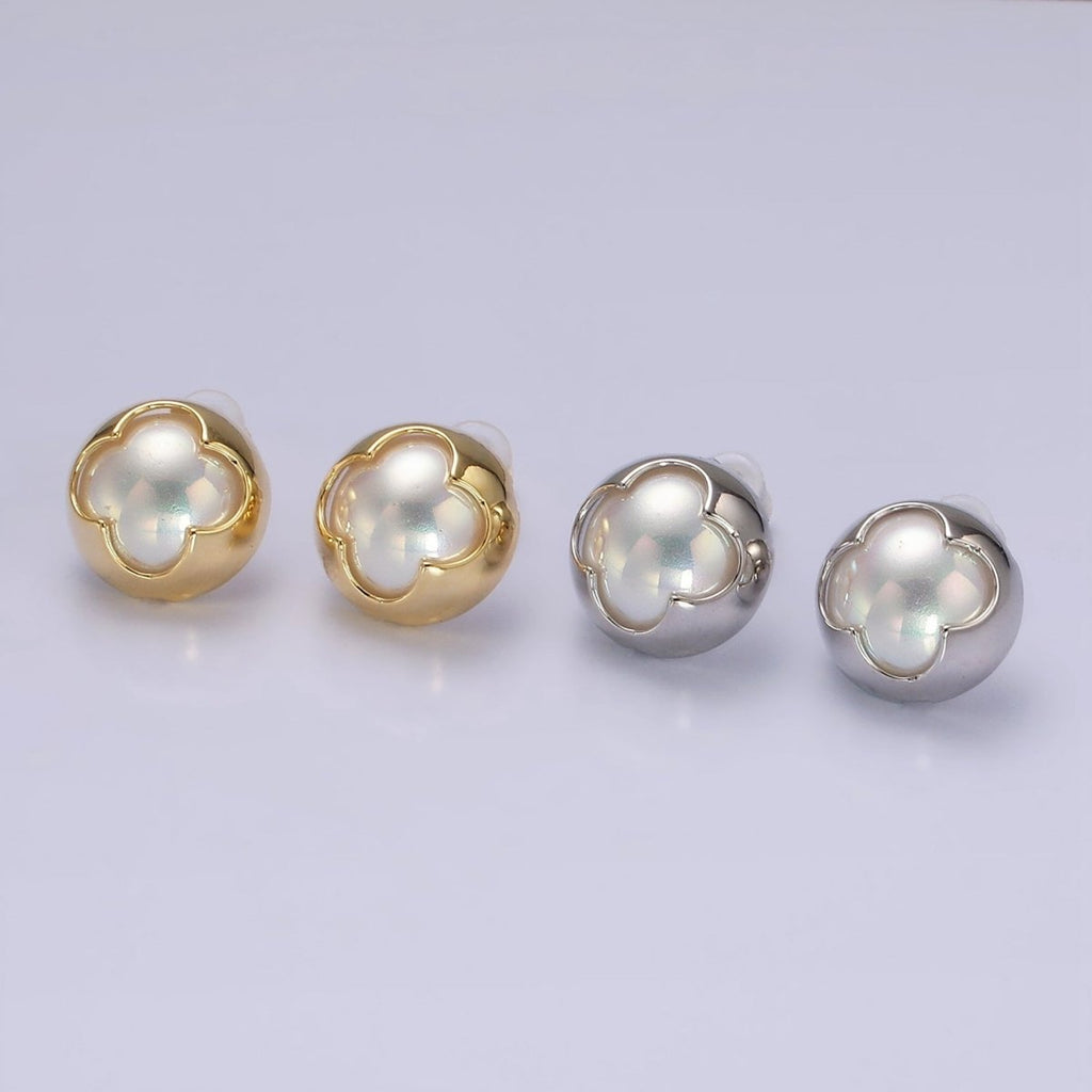 14K Gold plated Pearl Iridescent Quatrefoil Bezel Round Stud Earrings in Gold & Silver | V264