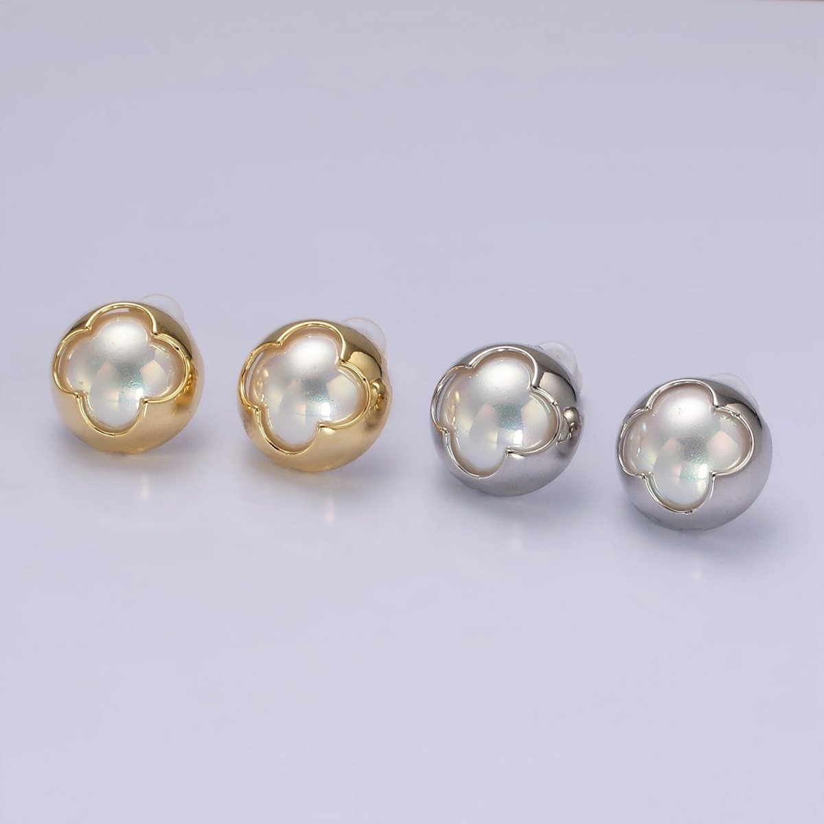 14K Gold plated Pearl Iridescent Quatrefoil Bezel Round Stud Earrings in Gold & Silver | V264