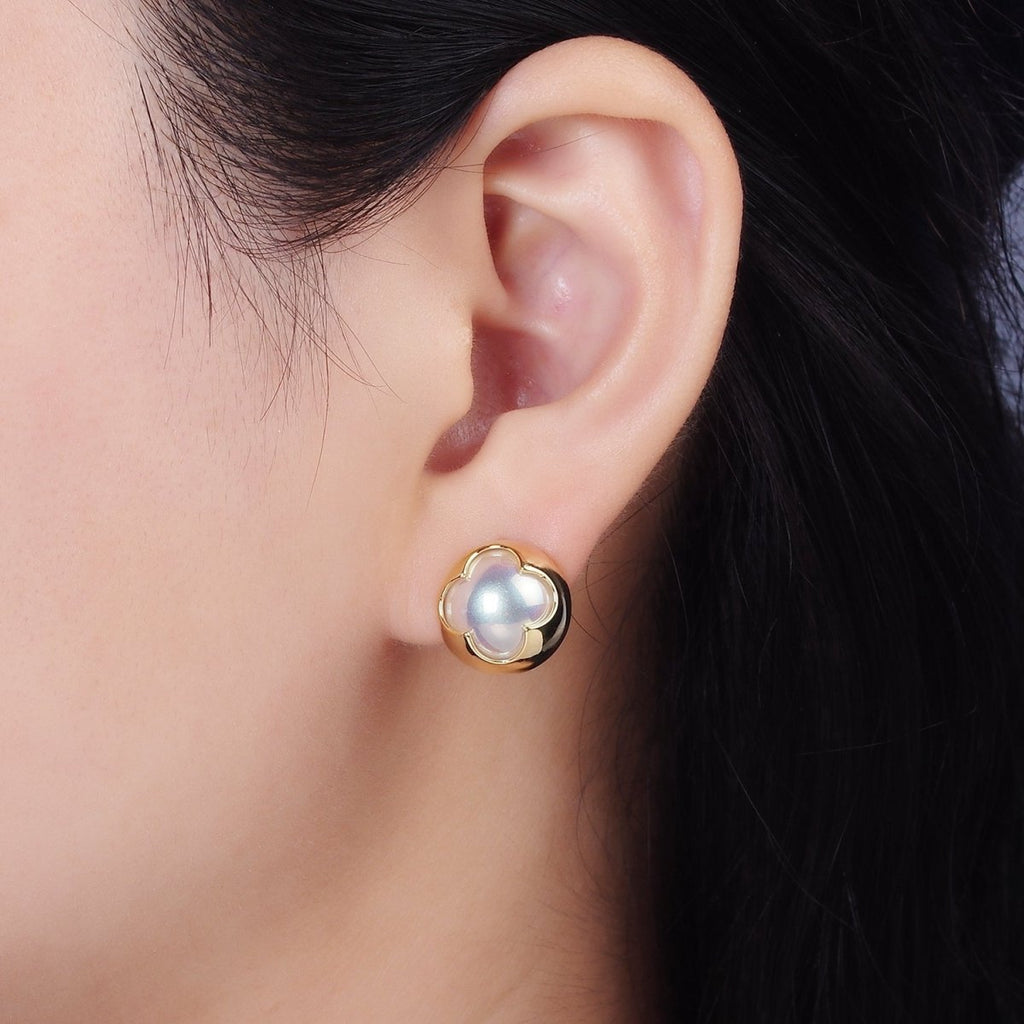 14K Gold plated Pearl Iridescent Quatrefoil Bezel Round Stud Earrings in Gold & Silver | V264