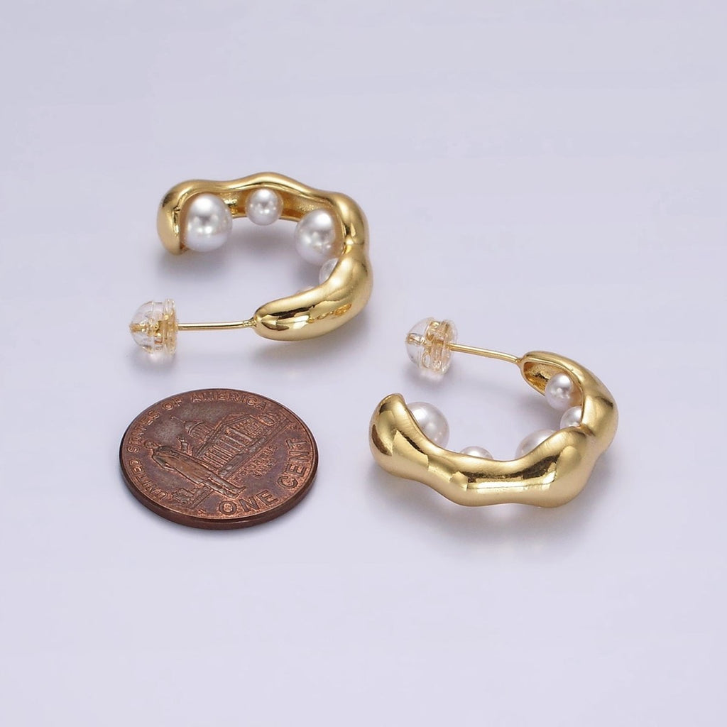 14K Gold plated Pearl Lined Molten C-Shaped Hoop Earrings in Silver & Gold | AE235 AE236