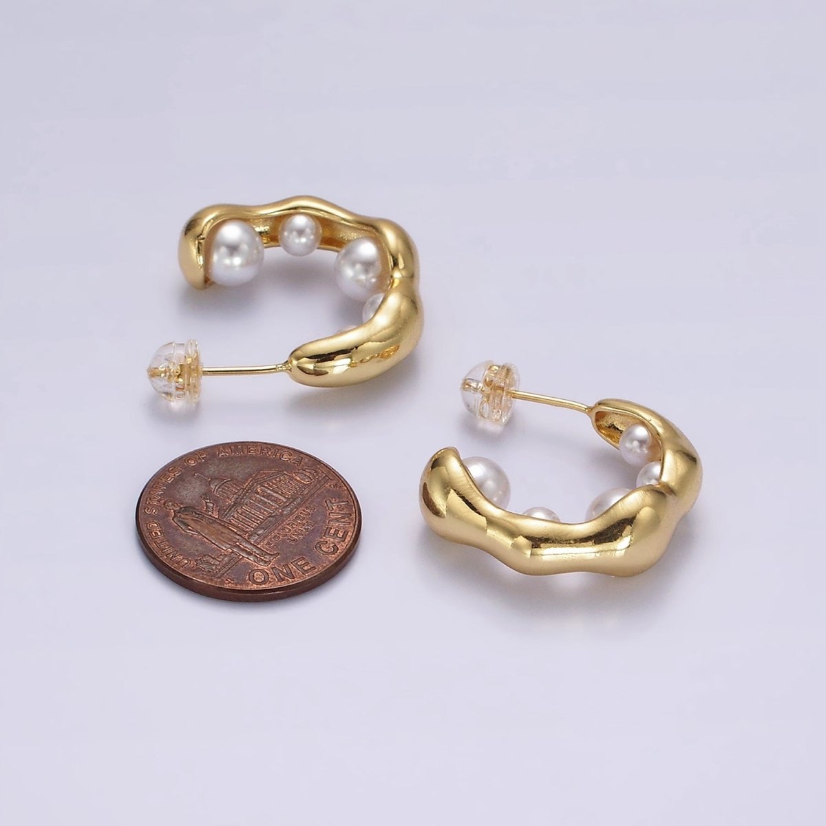 14K Gold plated Pearl Lined Molten C-Shaped Hoop Earrings in Silver & Gold | AE235 AE236