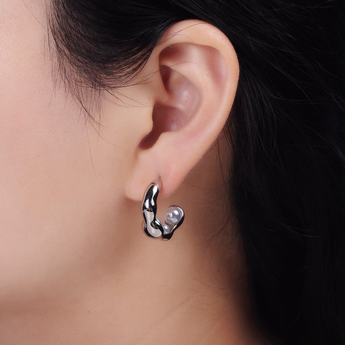 14K Gold plated Pearl Lined Molten C-Shaped Hoop Earrings in Silver & Gold | AE235 AE236