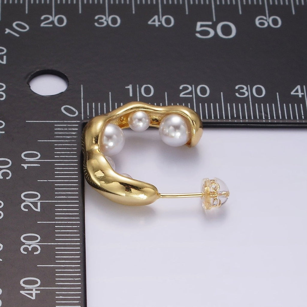 14K Gold plated Pearl Lined Molten C-Shaped Hoop Earrings in Silver & Gold | AE235 AE236
