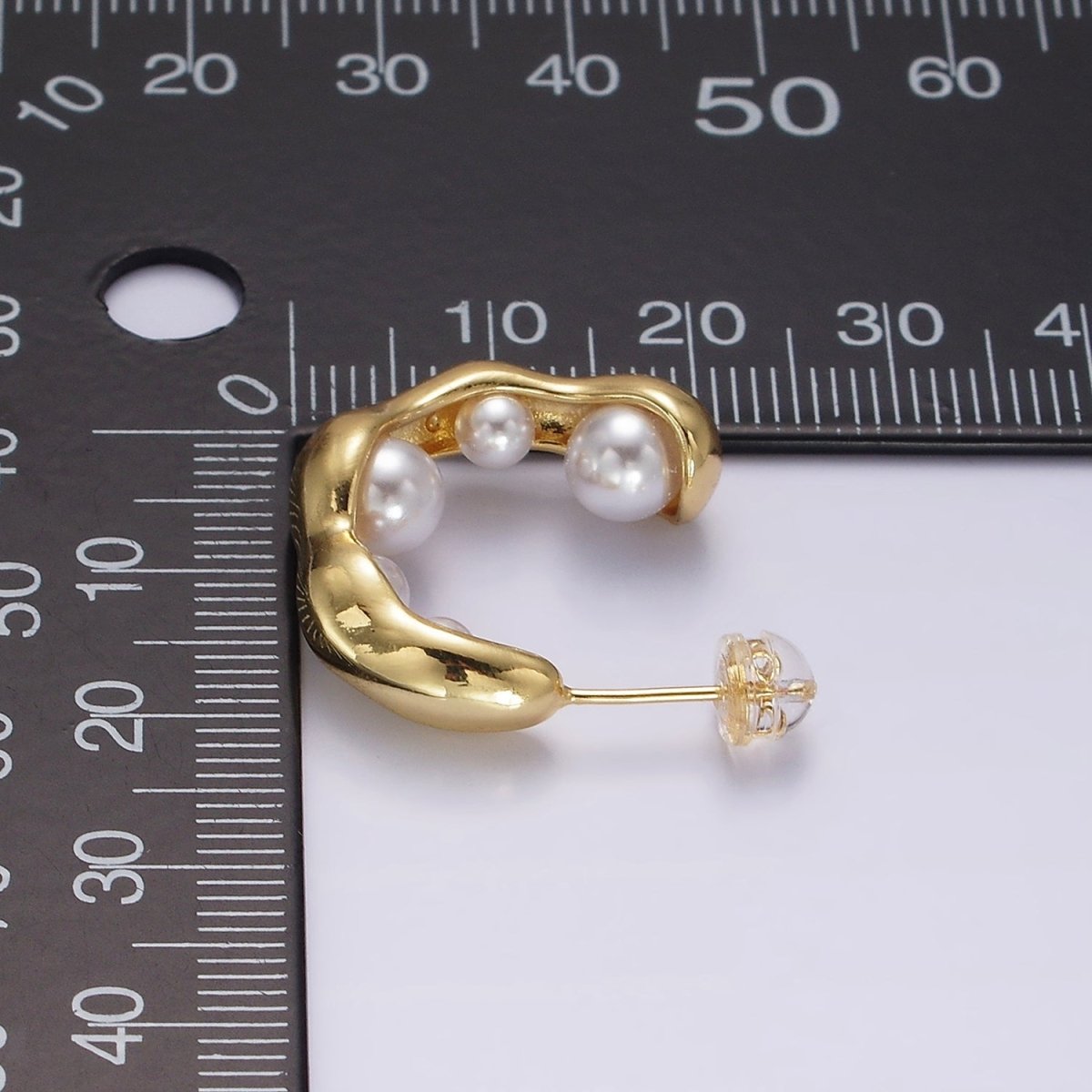 14K Gold plated Pearl Lined Molten C-Shaped Hoop Earrings in Silver & Gold | AE235 AE236