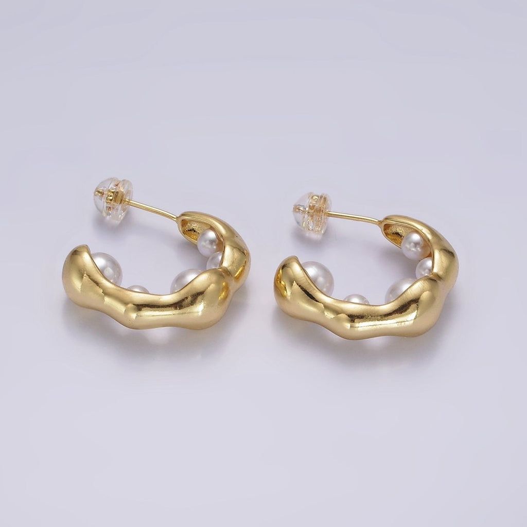 14K Gold plated Pearl Lined Molten C-Shaped Hoop Earrings in Silver & Gold | AE235 AE236